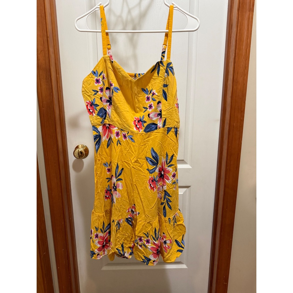Old Navy Cami Dress Womens XL Yellow Floral Smocked Back Tiered Ruffle Rayon Min